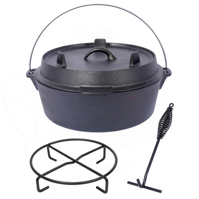 Pre-Seasoned Cast Iron Dutch Oven With Skillet Lid, Outdoor Camping Deep Pot For Camping Fireplace Cooking BBQ Baking Campfire, With Iron Pot Rack, 6 Quart