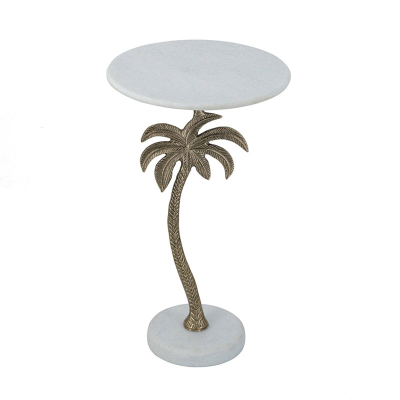Table d'appoint ronde D14X24 avec plateau en marbre blanc et palmier doré