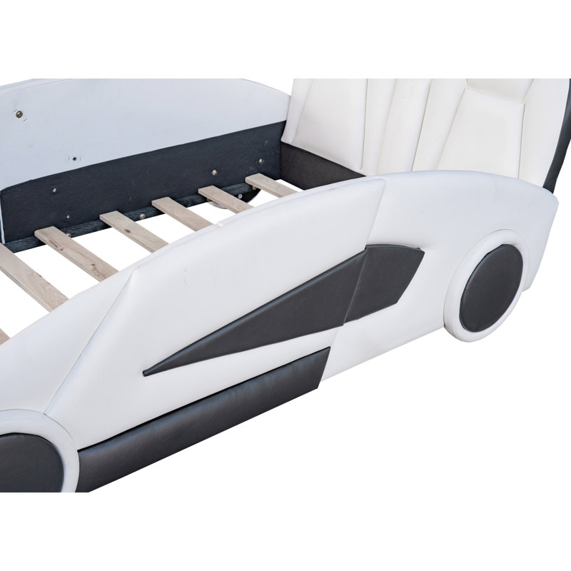 Lit simple blanc avec conception de voiture de course et roues coulissantes - Plateforme attrayante