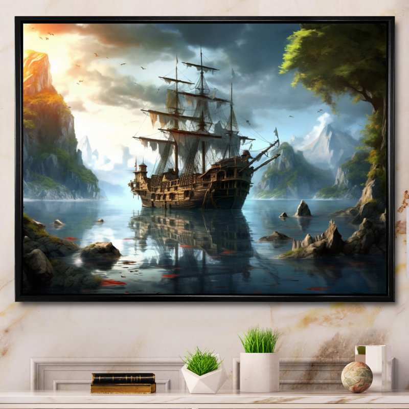 Bateau pirate en mer - art mural pirate, Cadre flottant noir, H 24 po x l 32 po x P 1 po