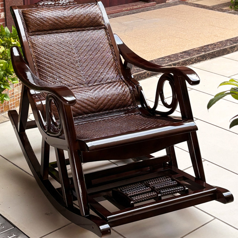 Natural rattan solid wood leisure rocking chair, Dark Coffee