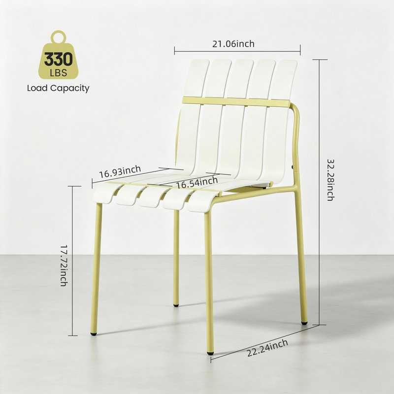 Lot de 4 chaises d'été modernes à rayures colorées, capacité de 150 kg, assise en polypropylène imperméable et structure métallique robuste, chaises de salle à manger d'intérieur et d'extérieur pour terrasse, balcon, café, blanc et vert