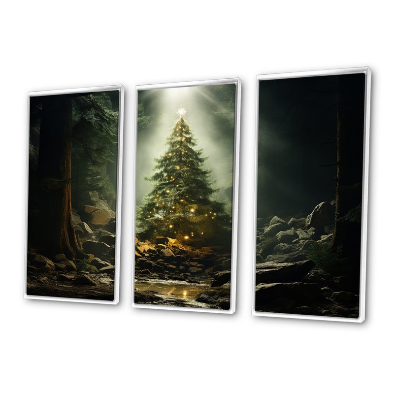 «Green Magical Christmas Tree - Winter Landscape», art mural, Cadre flottant blanc, H 32 po x l 48 po x P 1 po