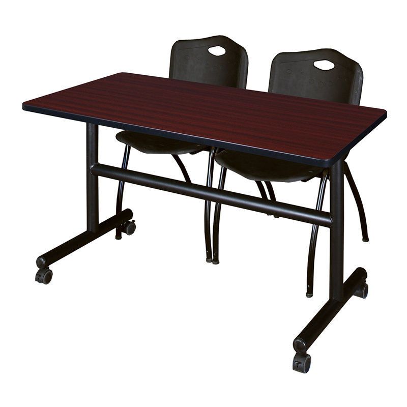 Nicklos Flip-Top Training Nesting Table, 2 M Stack Chairs, 48" W x 24" D, Cherry/Blue