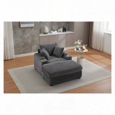 Upholstered Chair with Ottoman,Cupholders,Detachable Cushions Deep Seat