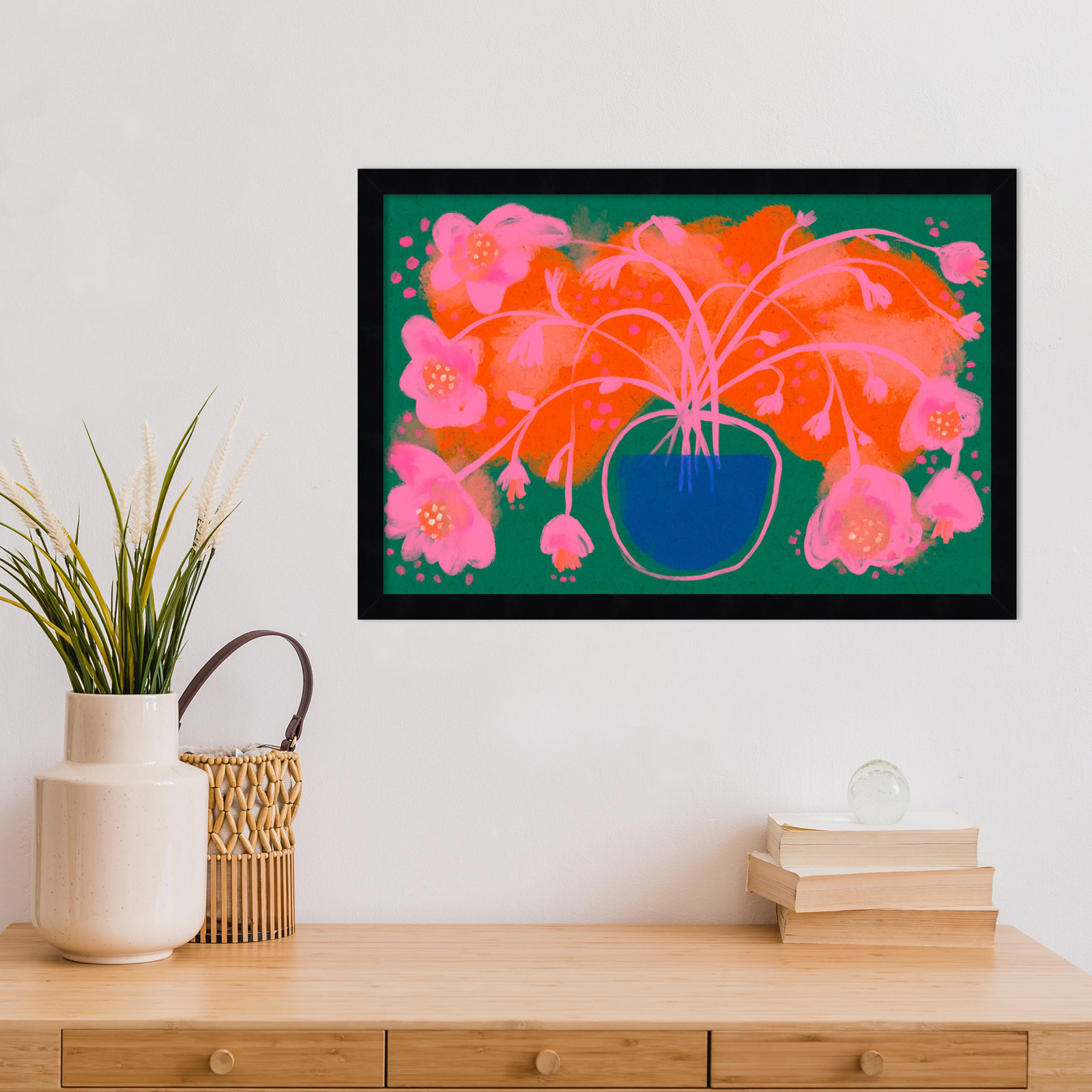 Galya "Pink Flower Bouquet" Print, Black, 15" H x 21" W