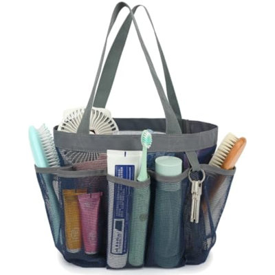 Panier de douche portatif en filet, idéal pour les essentiels de la chambre étudiante. Grand sac de douche en polyester inodore avec double poignée et 8 poches pour articles de toilette à séchage rapide, parfait pour les voyages, la plage, le camping et la salle de sport.