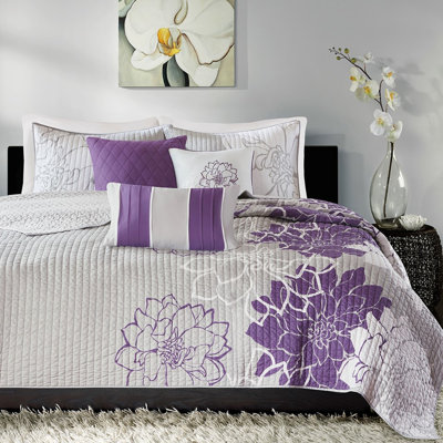 Ensemble de literie pour lit double / grand avec courtepointe en coton mauve et coussins à rabat 6 pièces