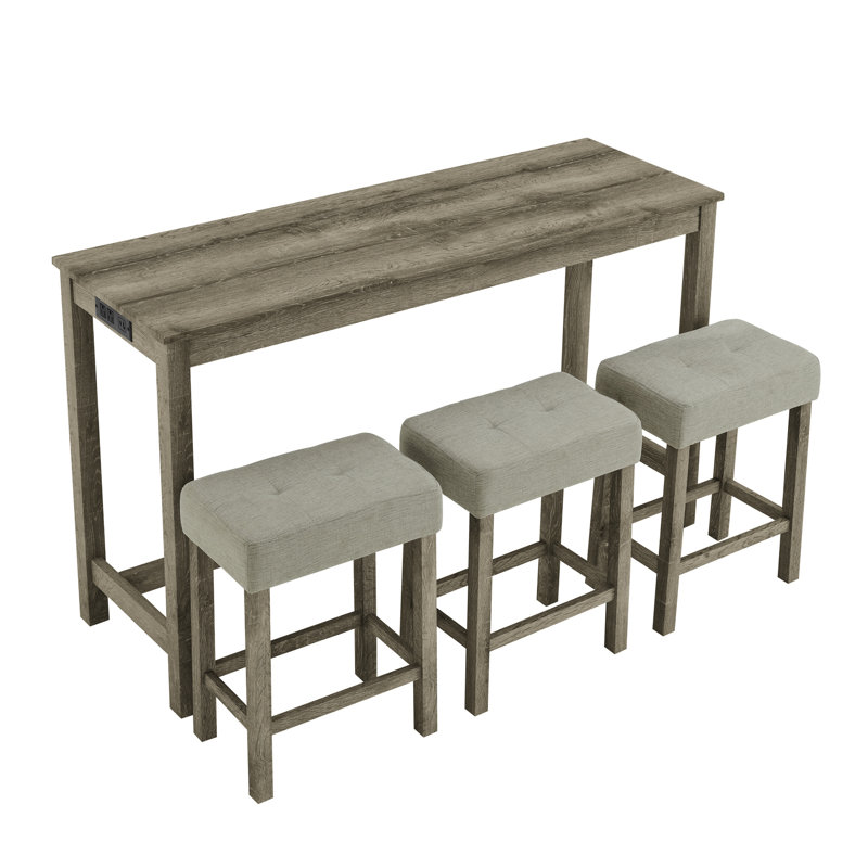 Miles 4-Piece Bar Table Set with Upholstered Stools & Power Outlets, Brown