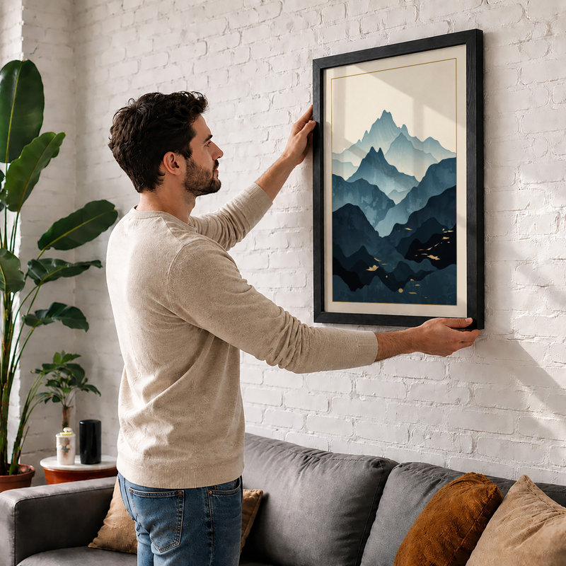 Layered Mountain Dusk Minimalist - Framed Print, A3 - 42.0 x 29.7 cm, Walnut