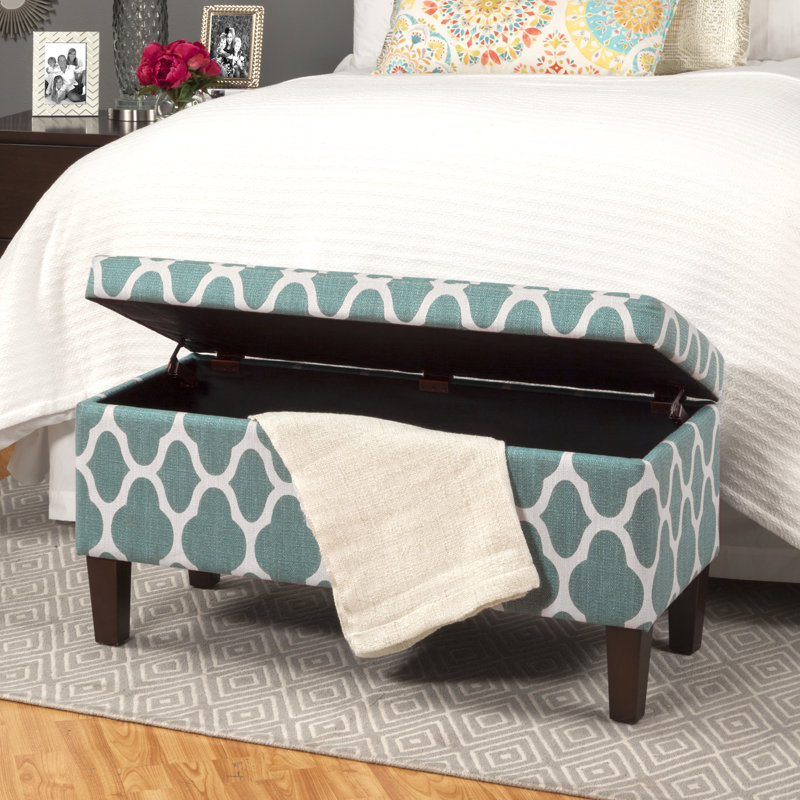 Banc de rangement en tissu texturé Genoveva, Géométrique sarcelle, Noyer foncé