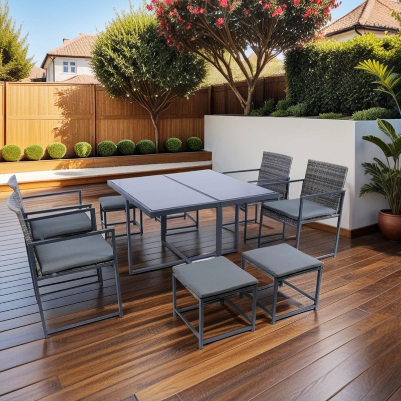 Ensemble repas 9 pièces pour patio avec chaises en rotin peu encombrantes