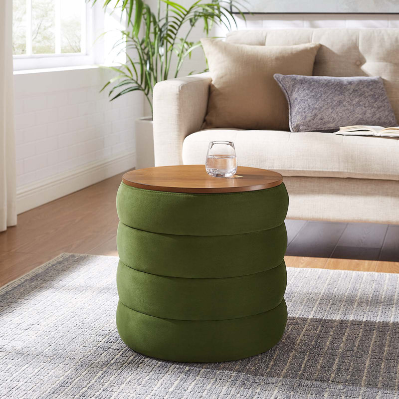 Modway Mezzo 17.3" Wide Velvet Round Storage Ottoman, Moss Green Performance Velvet