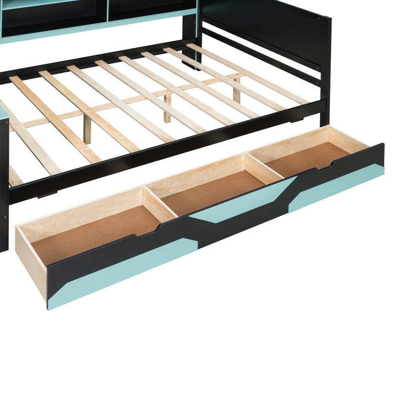 Lit de jour de jeu double avec bureau et lumières intégrés, base de lit en bois moderne avec 3 tiroirs de rangement et station de charge intégrée, bibliothèque multifonctionnelle noir et bleu