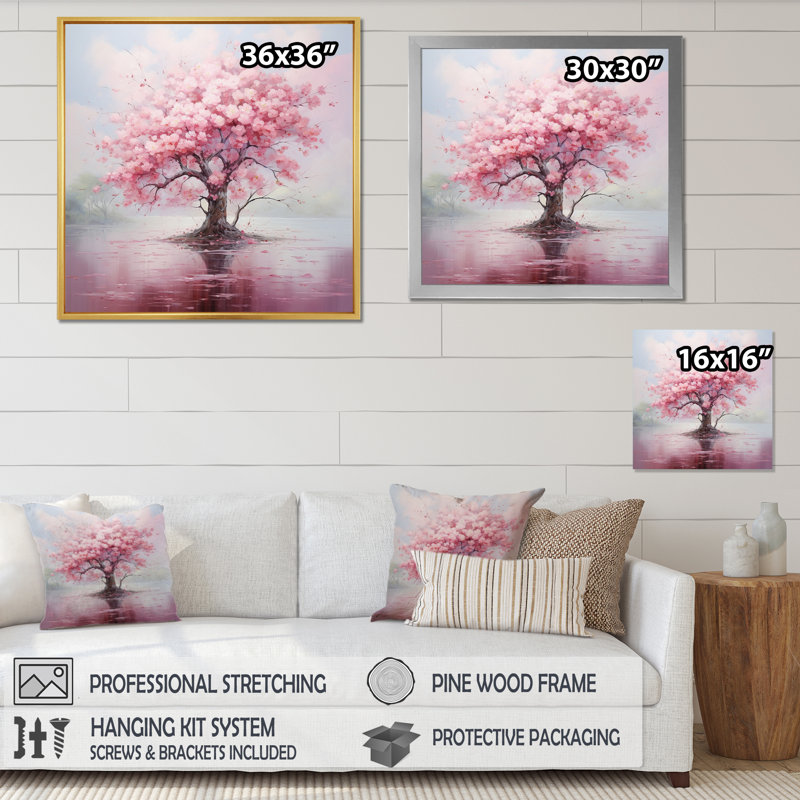 Impression romantique de fleur de cerisier rose III - fleur de cerisier, Cadre flottant doré, H 30 po x l 30 po x P 1 po