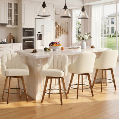 27" Upholstered Swivel Bar Stool, Set Of 4, With Solid Rubberwood Legs, 360°Swivel Seat And Channel-Tufted Shell Back
