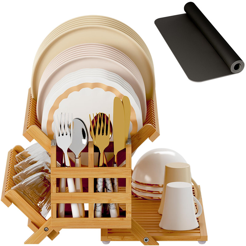 Bamboo Dish Drying Rack With Utensil Holder, 3 Tier Collapsible Dish Rack