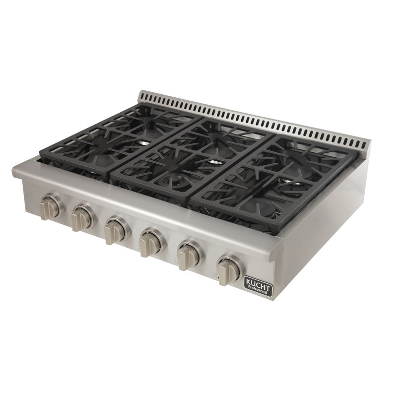 Kucht Professional 36" 6 Burner Cooktop, Natural Gas, Classic Silver