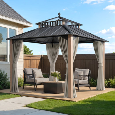 SUNJOY Kingston 10x10  Gazebo|Steel & PC Roof Hardtop Gazebo with Curtain and Netting - Woodgrain Aluminum Posts