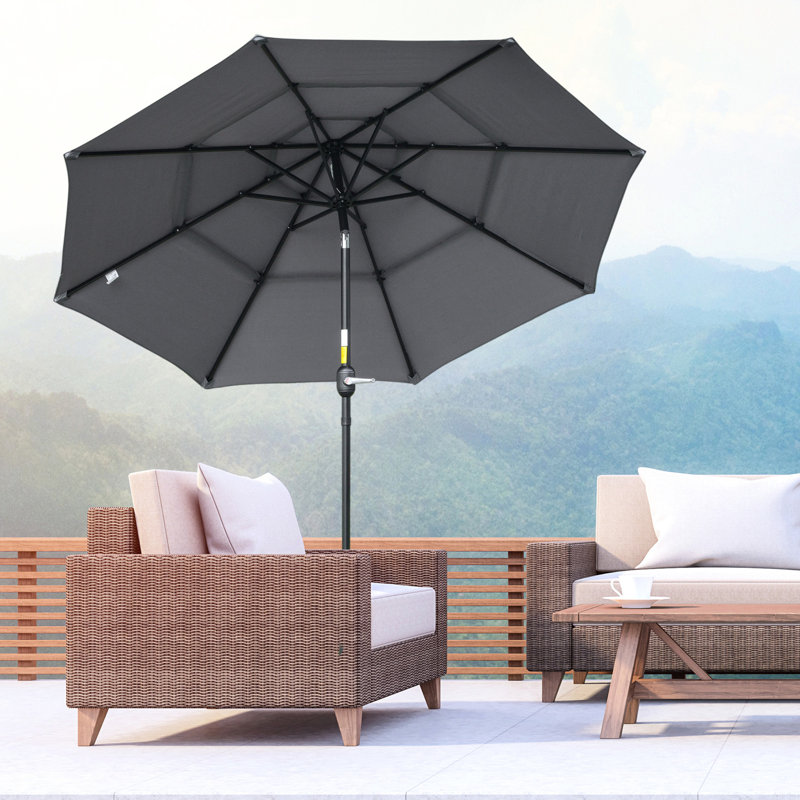 Parasol de patio extérieur de 9 pi 3 po, gris foncé, avec manivelle et inclinaison à bouton-poussoir pour les emplacements de patio, patio, terrasse, jardin, pelouse