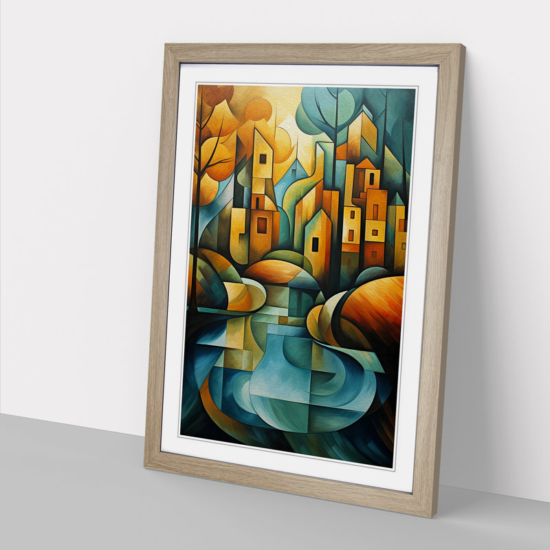 River Cubism - Single Picture Frame Print on Wood, 34cm H x 25cm W x 2cm D, Oak