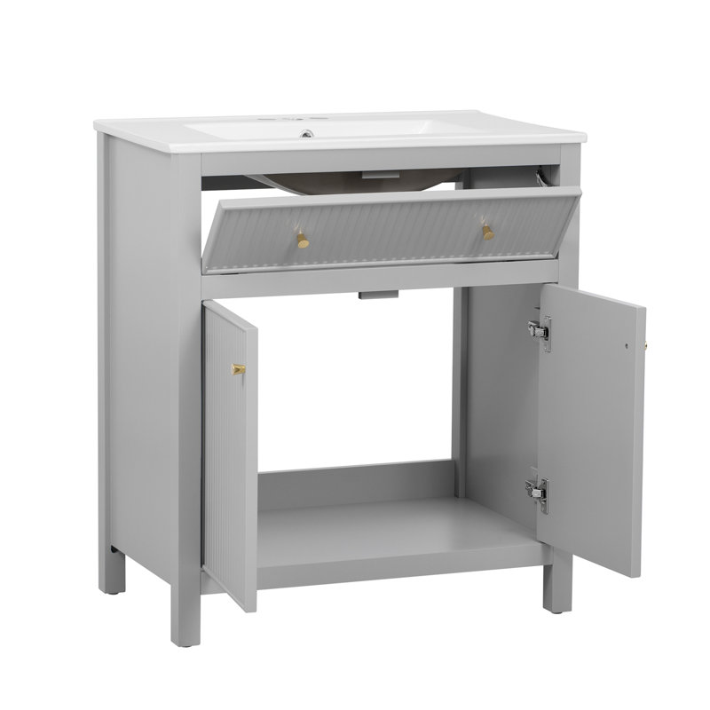 Ensemble de meuble-lavabo autoportant avec portes à fermeture douce 30 po avec lavabo en céramique, style moderne, gris