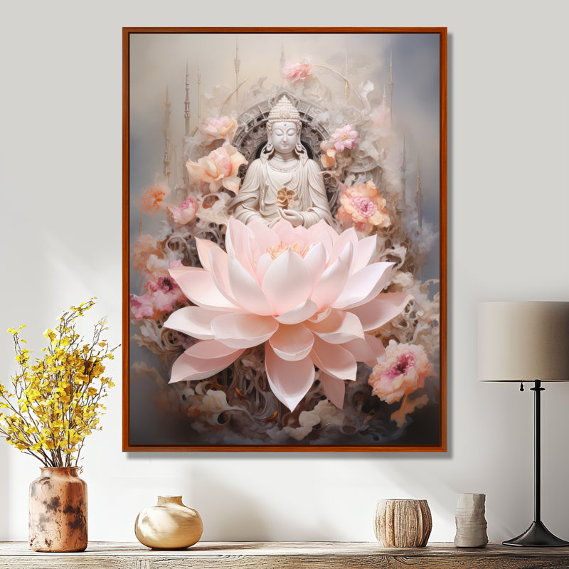 Bouddha rose, lotus de la sagesse sur toile, H 40 po x l 30 po x P 1,5 po, Cadre flottant brun