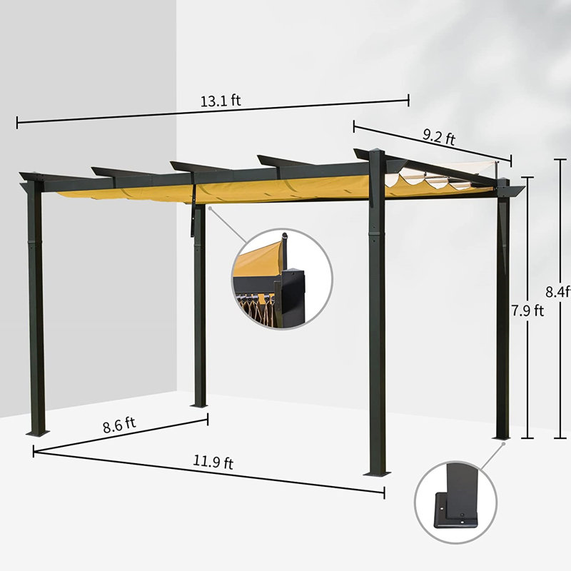 Pavillon de jardin d'extérieur avec parasol rétractable - aluminium gris foncé . Idéal pour la cour arrière, auvent en aluminium pour barbecue, fête, mariage. Cadre, résistance. Patio, terrasse,