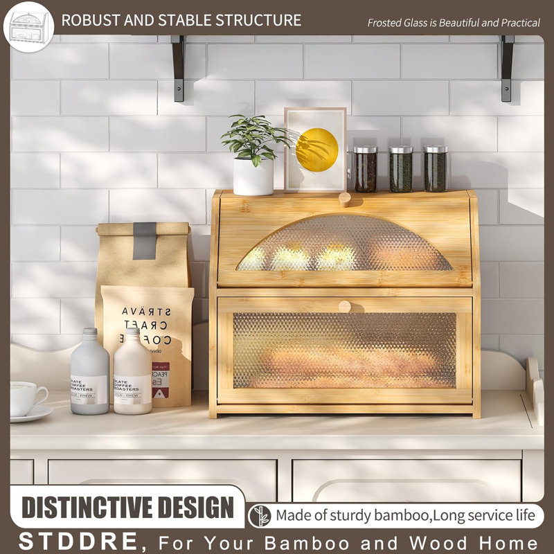 Natural Bamboo Double Layer Bread Box with Diamond Pattern Windows