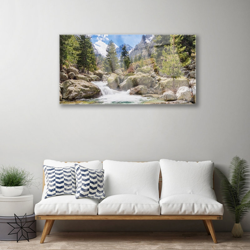 Nature Mountain Forest Stones Lake - No Frame Print on Glass