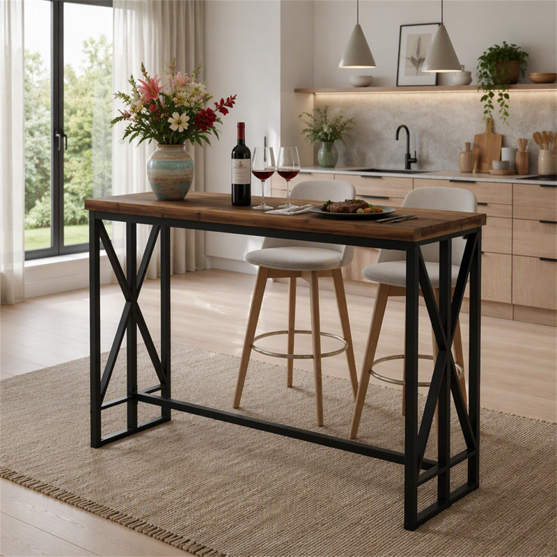 Table de bar rectangulaire 62,6 po, table bistro Farmhouse à hauteur de comptoir avec repose-pieds en métal pour bar