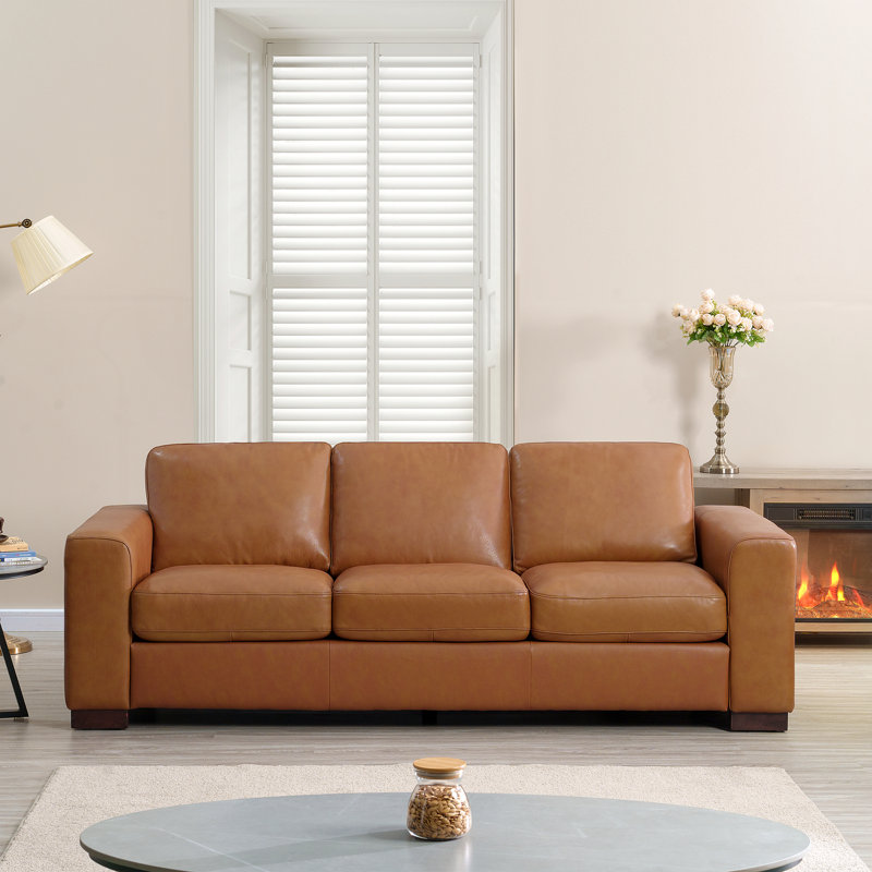 Ajmy Genuine Leather Square Arm Sofa – Oversized Deep Seat Couch with Premium Cushioning Comfort, Tan Genuine Leather