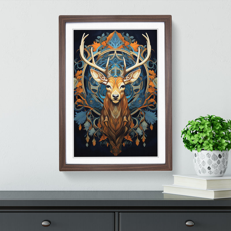 XYZ-FRM-V1223-507 Deer Art Deco - Single Picture Frame Print on Wood, 34cm H x 25cm W x 2cm D, Walnut 