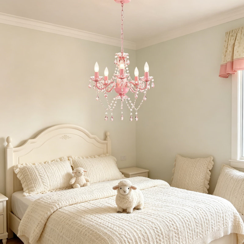Lustre en cristal rose rose pour chambre de fille, petit lustre 5 lumières pour chambre à coucher, chambre de bébé, salle de jeux, hauteur réglable