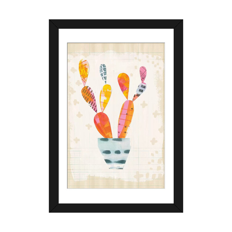 «Collage Cactus IV.A, impression sur toile tendue, H 32 po x l 24 po x P 1 po, Papier d'art encadré noir, Blanc