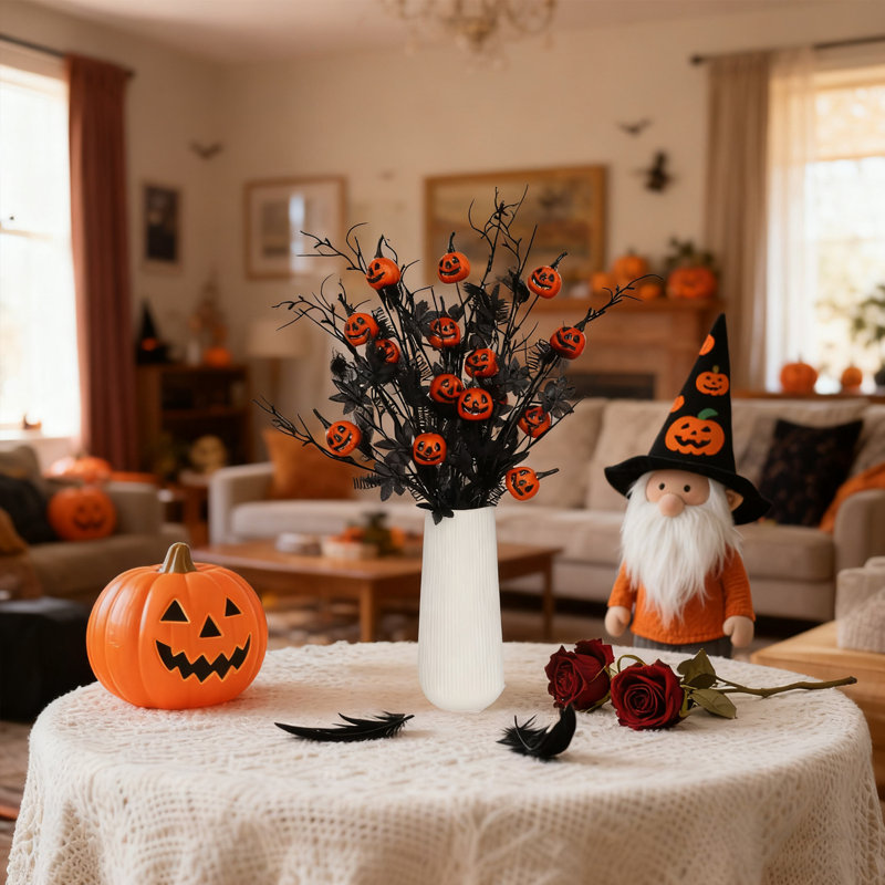 5 pièces de tiges d'Halloween artificielles avec citrouilles, feuilles d'érable noires, faux choix de branches de saule frisé, brindilles décoratives pour Halloween, bricolage, fête de l'artisanat, décoration de la maison (noir)