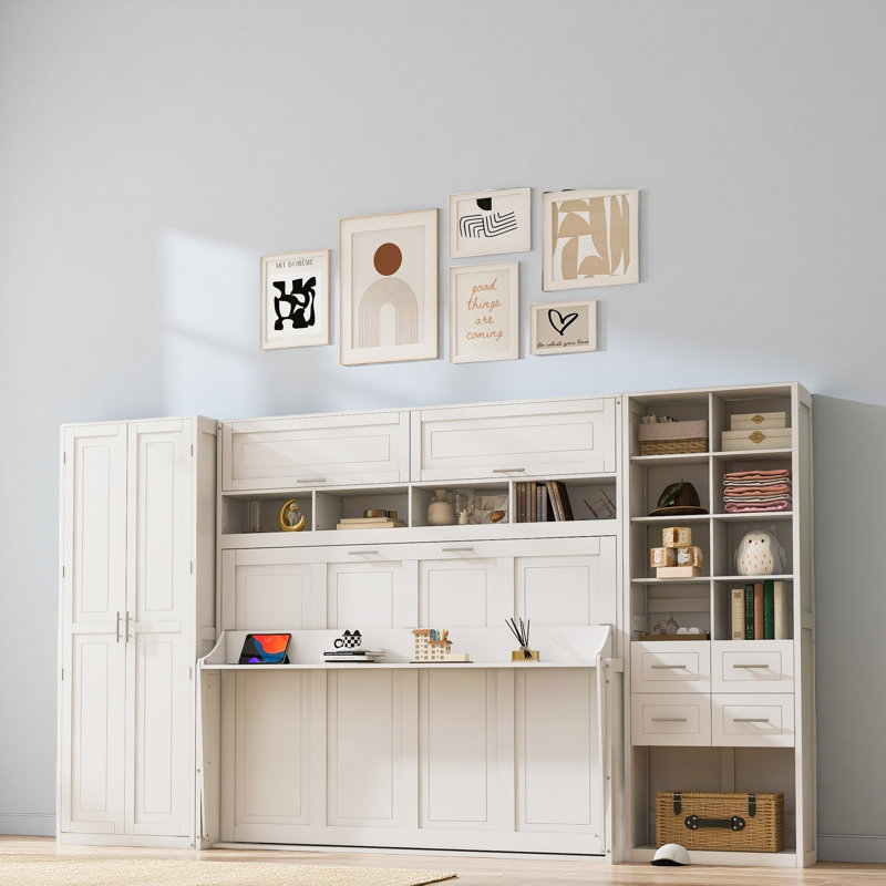 Lit escamotable double pleine grandeur avec placard, tiroirs et tablettes