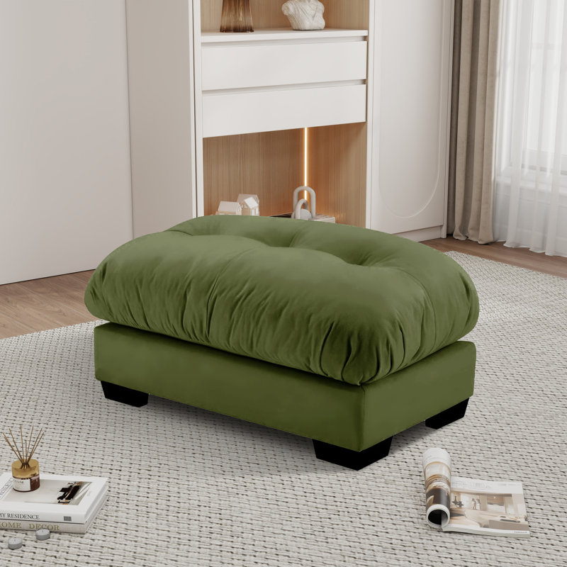 Down Filled Overstuffed Performance Velvet Ottoman, Olive Green