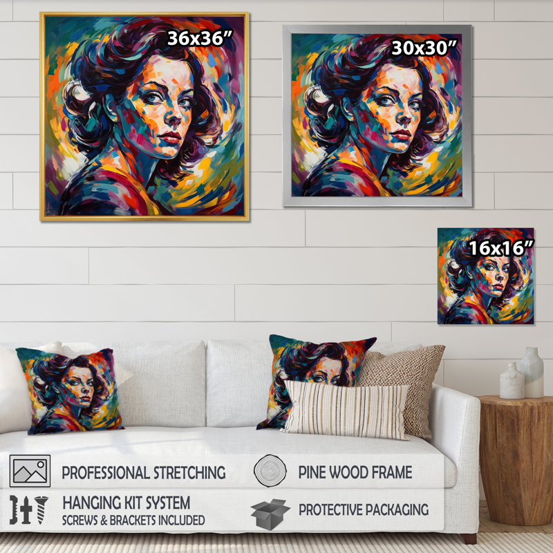 Portrait de femme pop art II, H 30 po x l 30 po x P 1 po, Cadre flottant noir