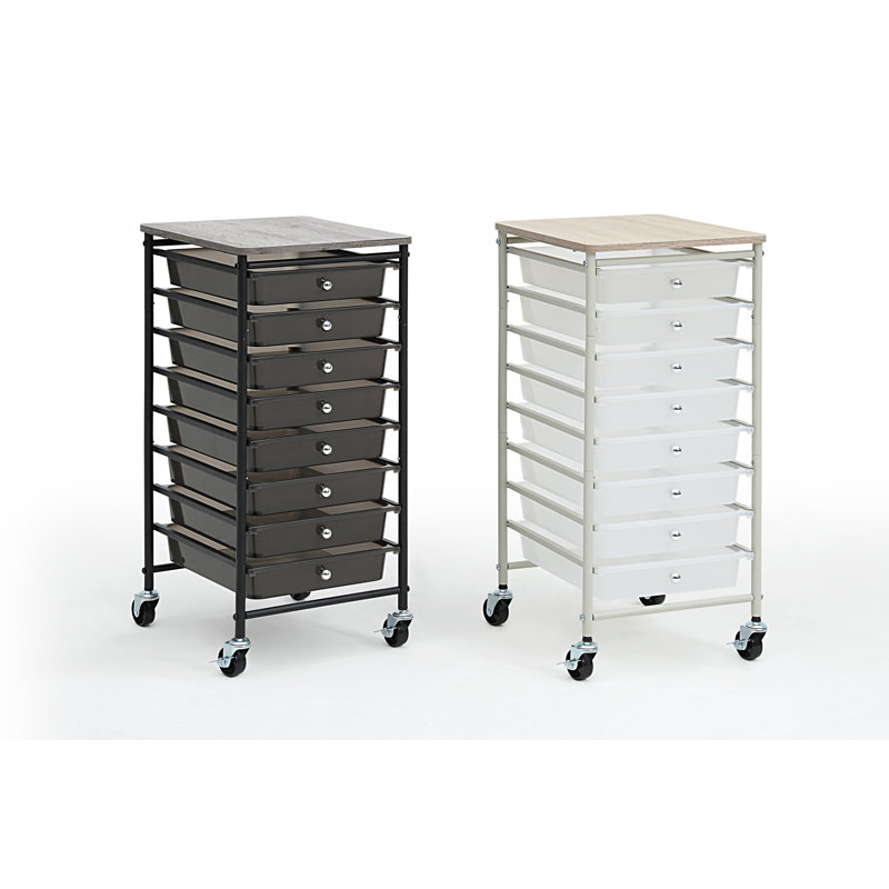 Nisean Under Desk Storage Mobile Utility Cart with Wooden Top and 8 Drawers, White