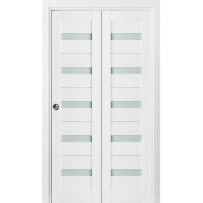 Sliding Closet Bi-Fold Doors | Quadro 4445 White Silk With Frosted Glass | Sturdy Tracks Moldings Trims Hardware Set | Wood Solid Bedroom Wardrobe Doors