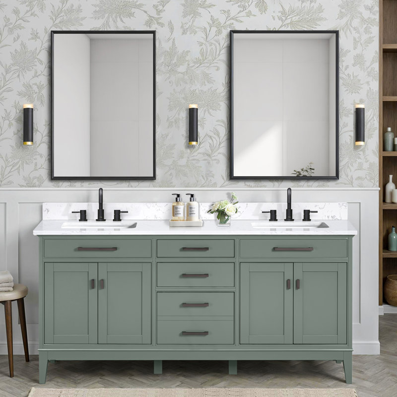 Ensemble de meuble-lavabo double 73 po avec plateau Gearldine Anglet, Blanc cala, Vert fumée