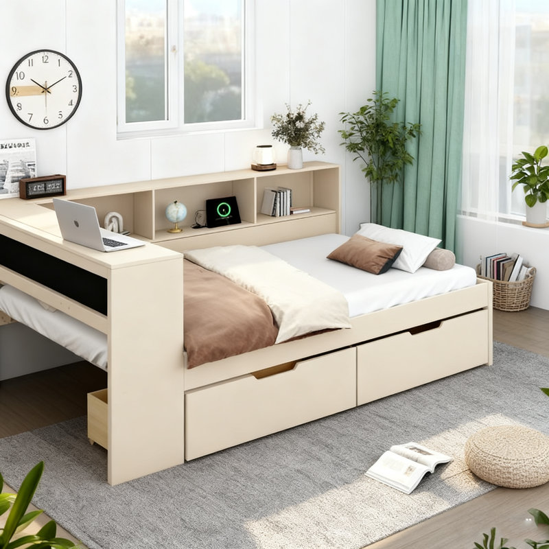 Lit plateforme double crème avec rangement - Tête de lit, tiroirs, tablettes et station de charge rembourrés