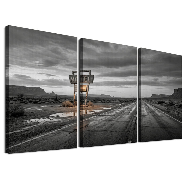 Ensemble de 3 toiles murales représentant un panneau de motel en noir et blanc sur une route désertique, 30"H x 20"W x 3pcs