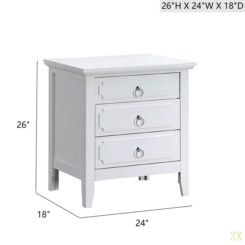 Table de chevet 3 tiroirs Hammond pour chambre à coucher, salon, placard, Blanc
