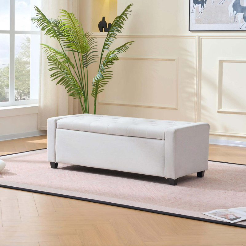 Faux Linen Upholstered Storage Bench With Safety Hinge Lid For Multi-Scene Home Use, Beige