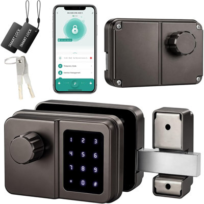 Serrure intelligente SEPOX, serrure de porte extérieure pour clôture et porte de garage, carte électronique de serrure électronique sans clé, code d'accès et clé mécanique, serrure de bord imperméable pour jardin extérieur (gris, unité simple)
