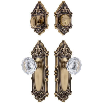 Grandeur Grande Victorian Long Plate Entry Set with Fontainebleau Crystal Knob in Vintage Brass