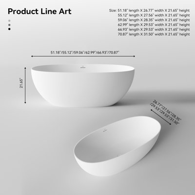 Monblari 63" X 30" Solid Surface Freestanding White Soaking Bathtub With Overflow And Pop-Up Drain For Bathroom