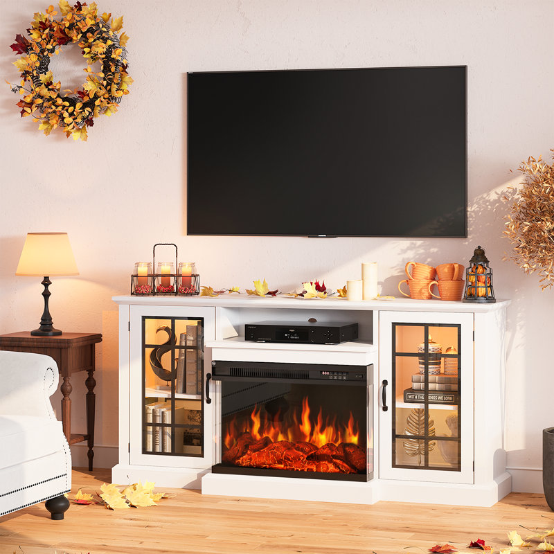 Meuble télé 70 po avec foyer électrique de 36 po, console multimédia pour téléviseur de 80 po et moins avec tablettes et armoires de rangement ouvertes